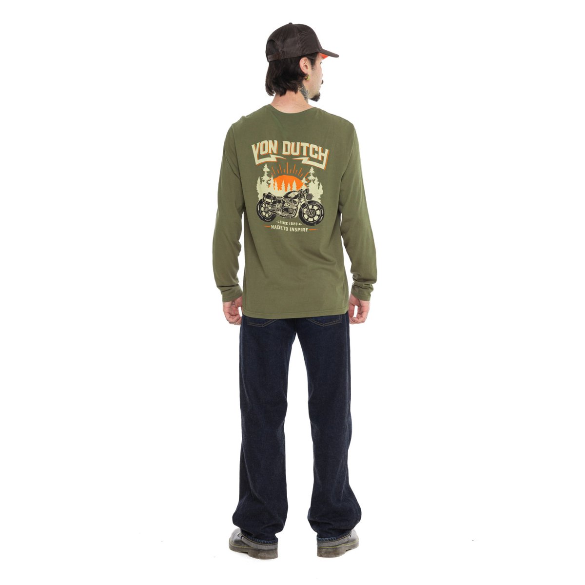 T-shirt homme regular manches longues jersey160GSM print devant Flynn kaki/noir/orange, VON DUTCH