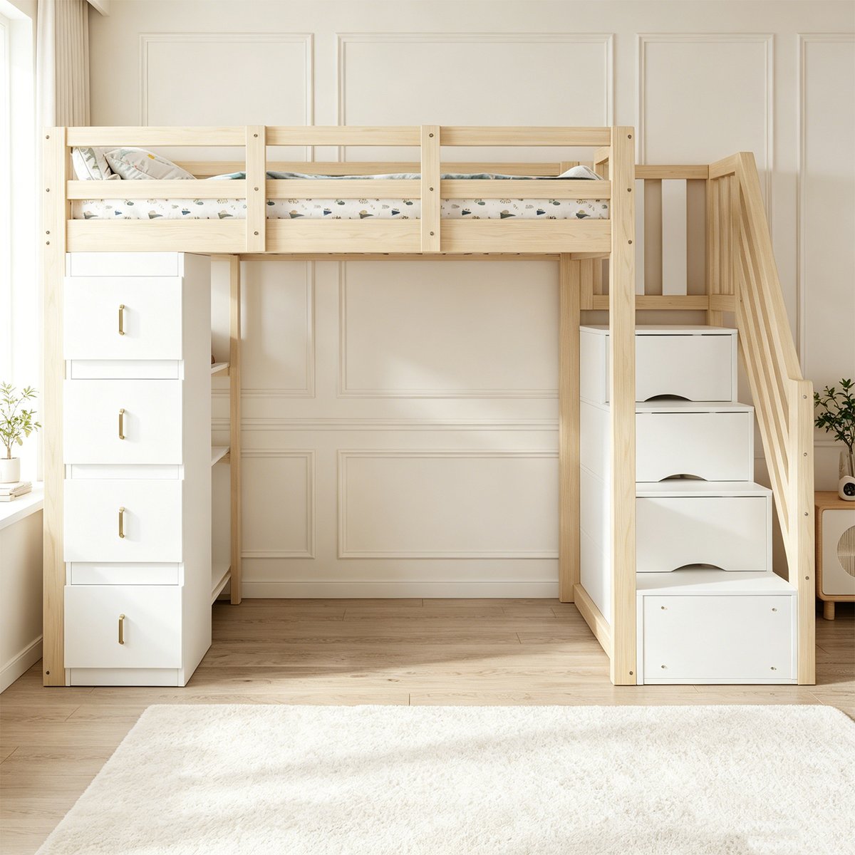 Lit mezzanine avec rangement, LOFTCOVEB blanc, MEUBLES COSY