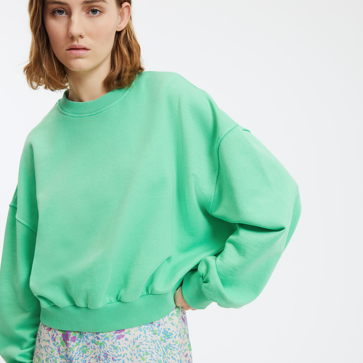 Sweat ample et court, col rond vert, LA REDOUTE COLLECTIONS
