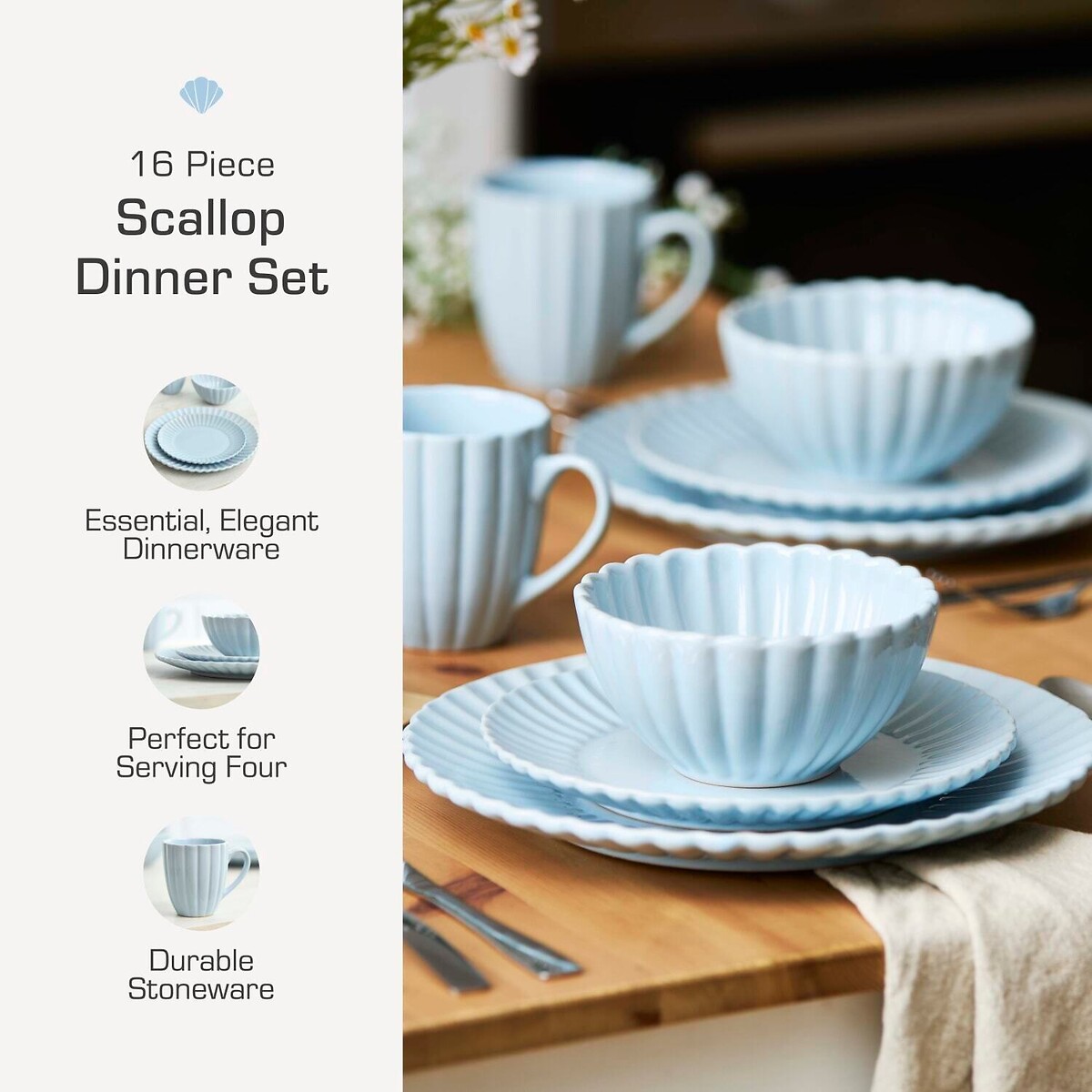 16-Piece Scallop Stoneware Dinner Set blue, SWAN