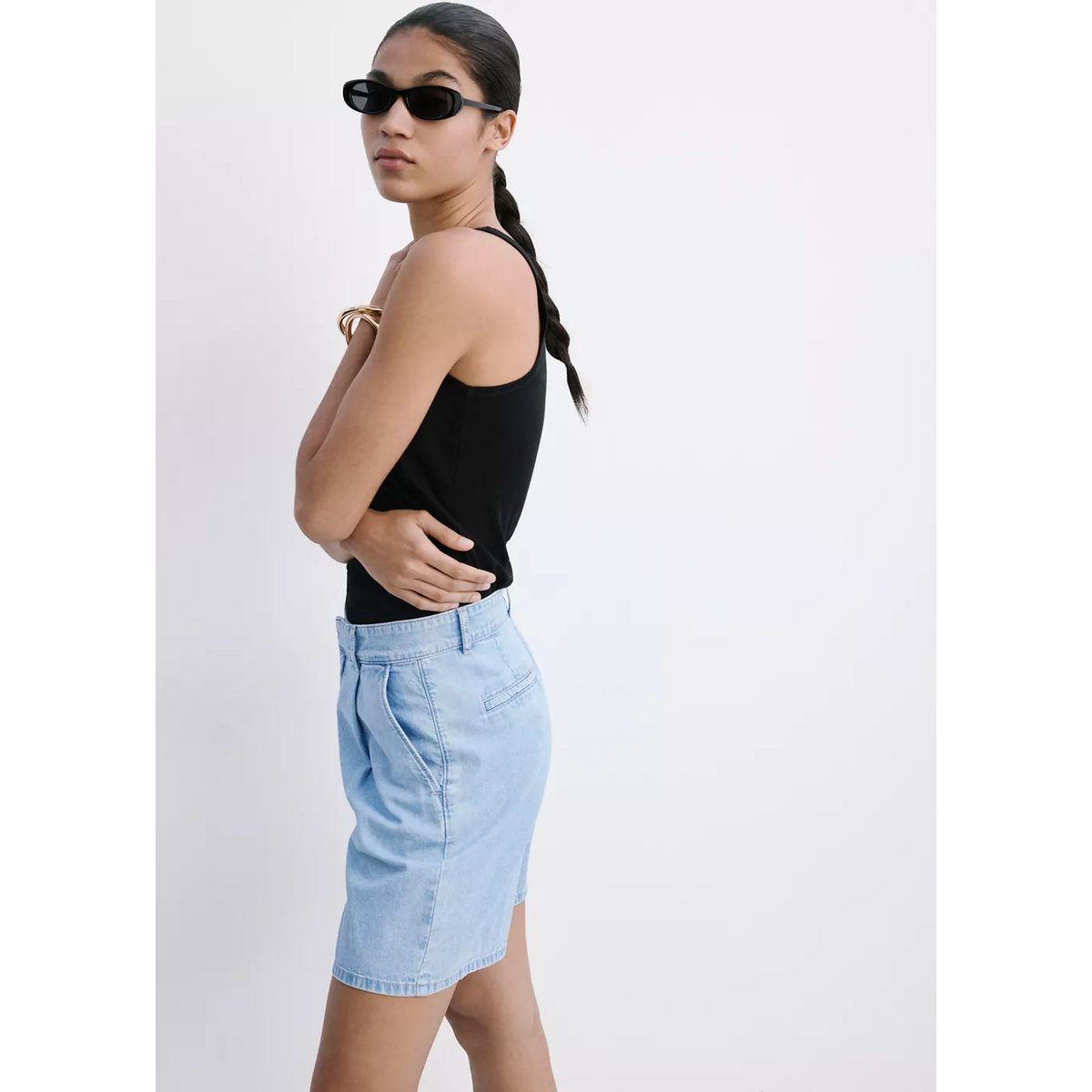 Bermuda en jean taille normale à pinces bleu clair, MANGO