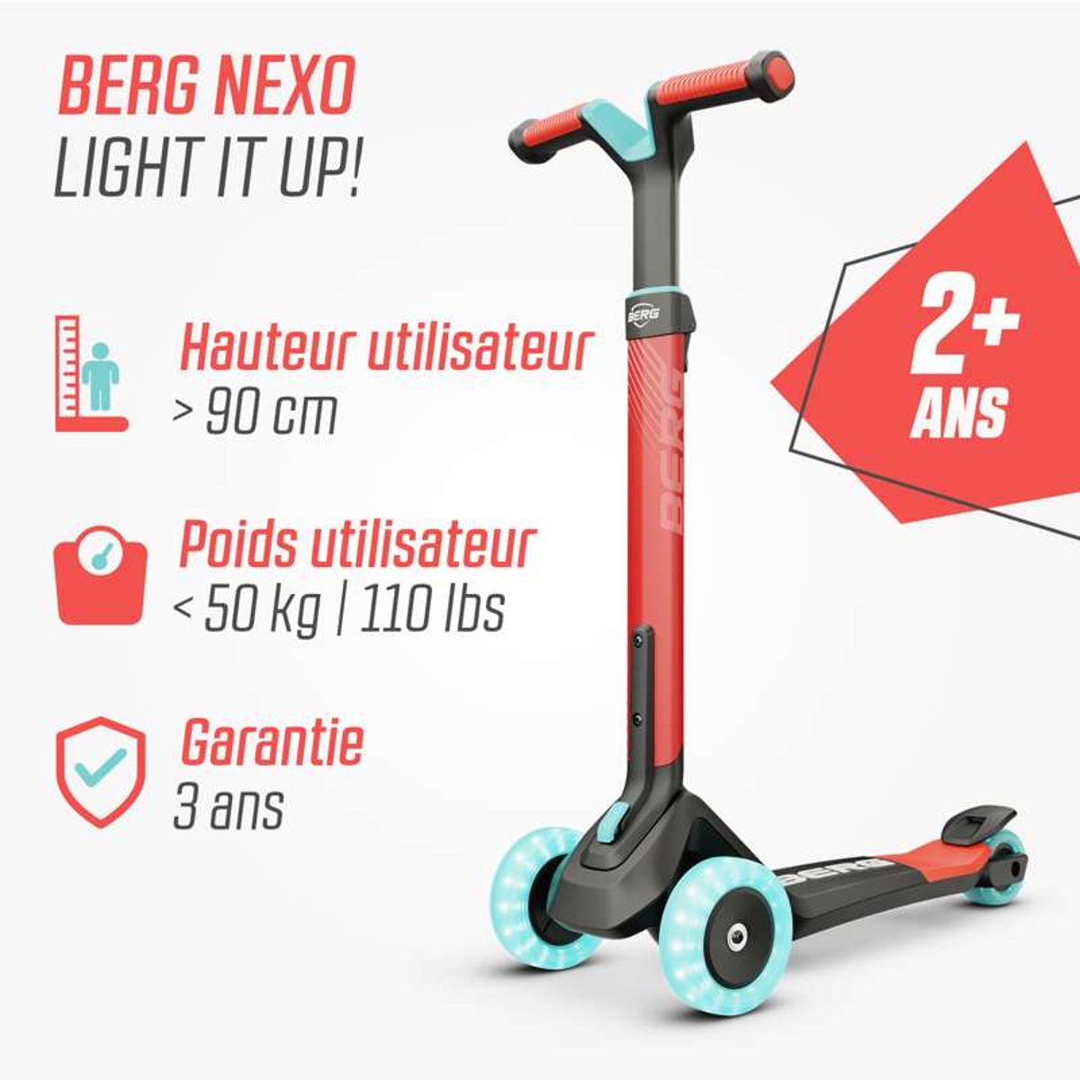Trottinette pour Enfants, 2+ Ans, Pliable, Magnet-Deck, Nexo Lime red, BERG TOYS