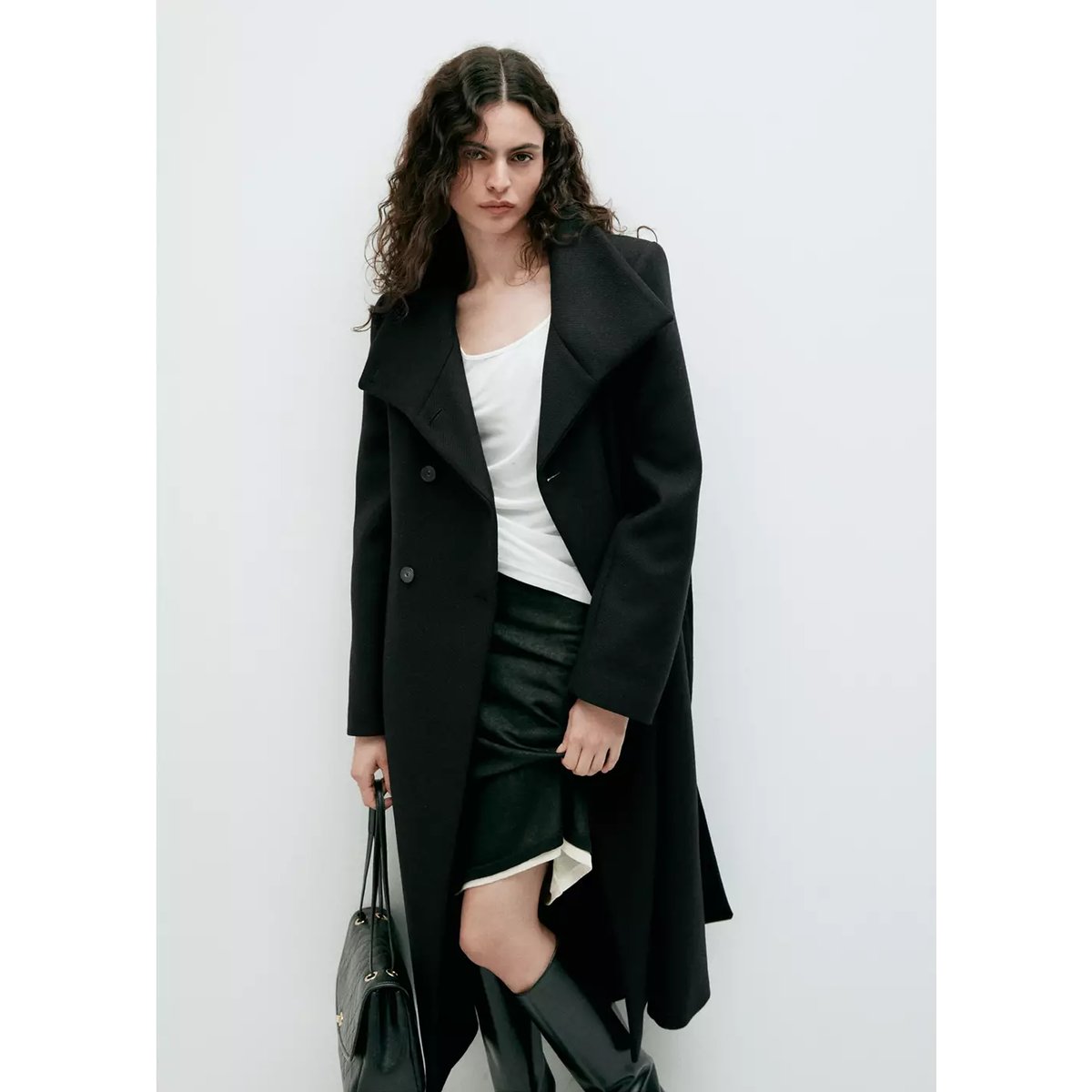 Manteau laine Manteco col cheminée noir, MANGO