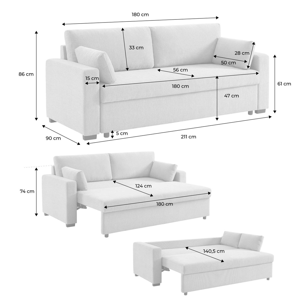 Canapé convertible 3 places tissu chenille EASY beige, SWEEEK