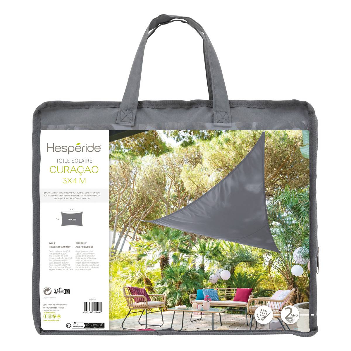 Voile d'ombrage rectangulaire 4x3m CURACAO gris ardoise, HESPERIDE