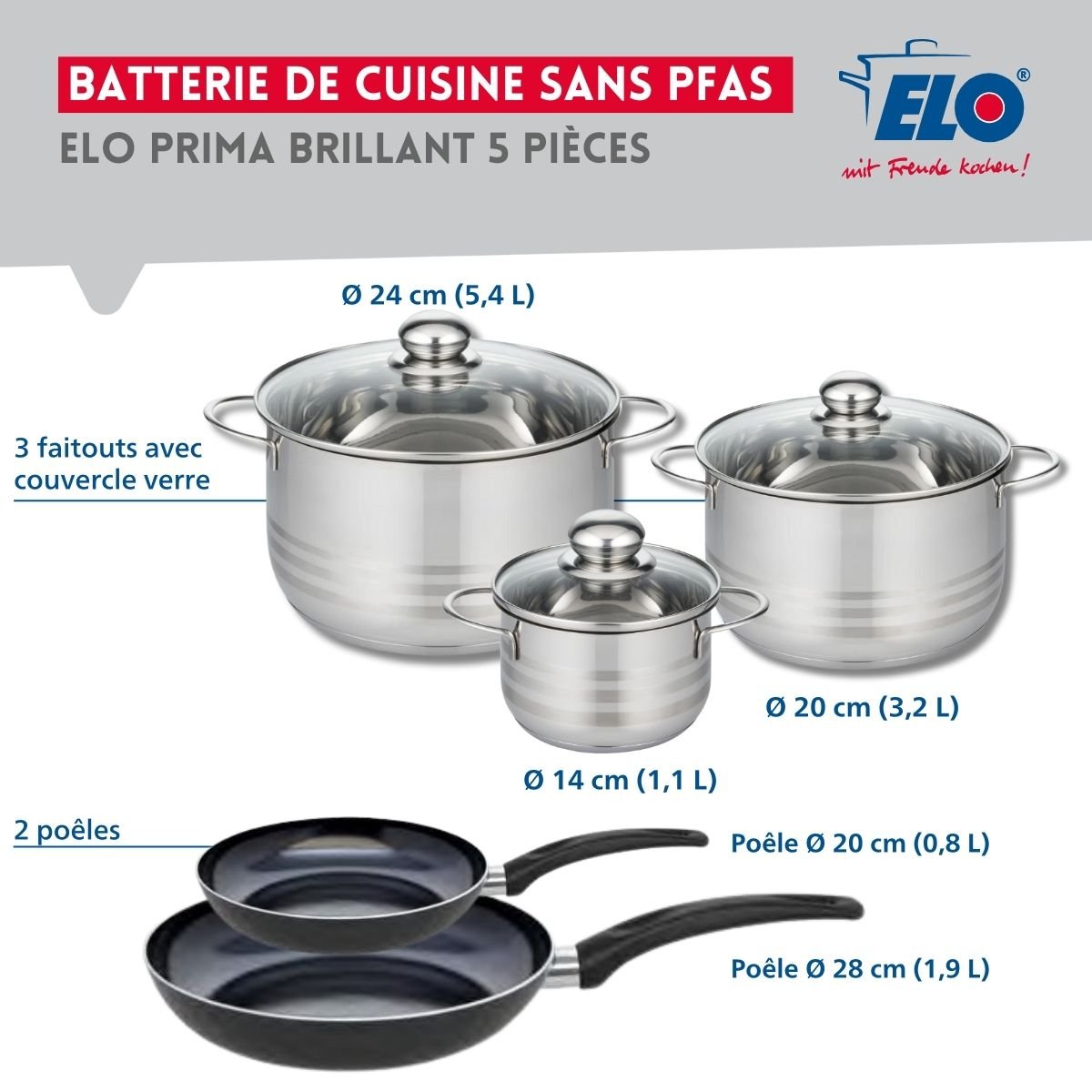 Batterie 2 poêles 20/28cm + 3 faitouts 14/20/24cm PRIMA BRILLANT noir, ELO