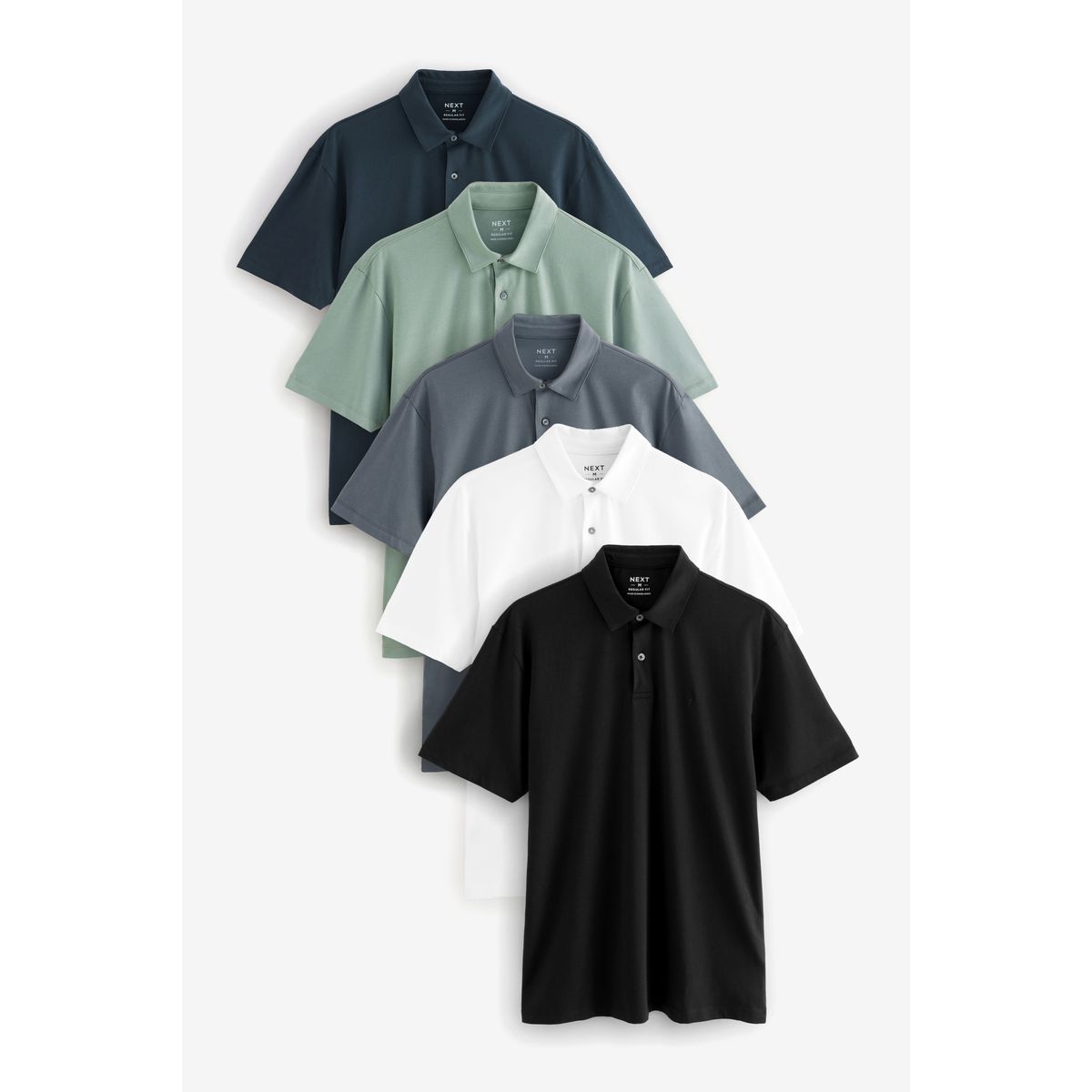 Polos en jersey à manches courtes, lot de 5 bleu marine/brun/gris/blanc/vert sauvage, NEXT