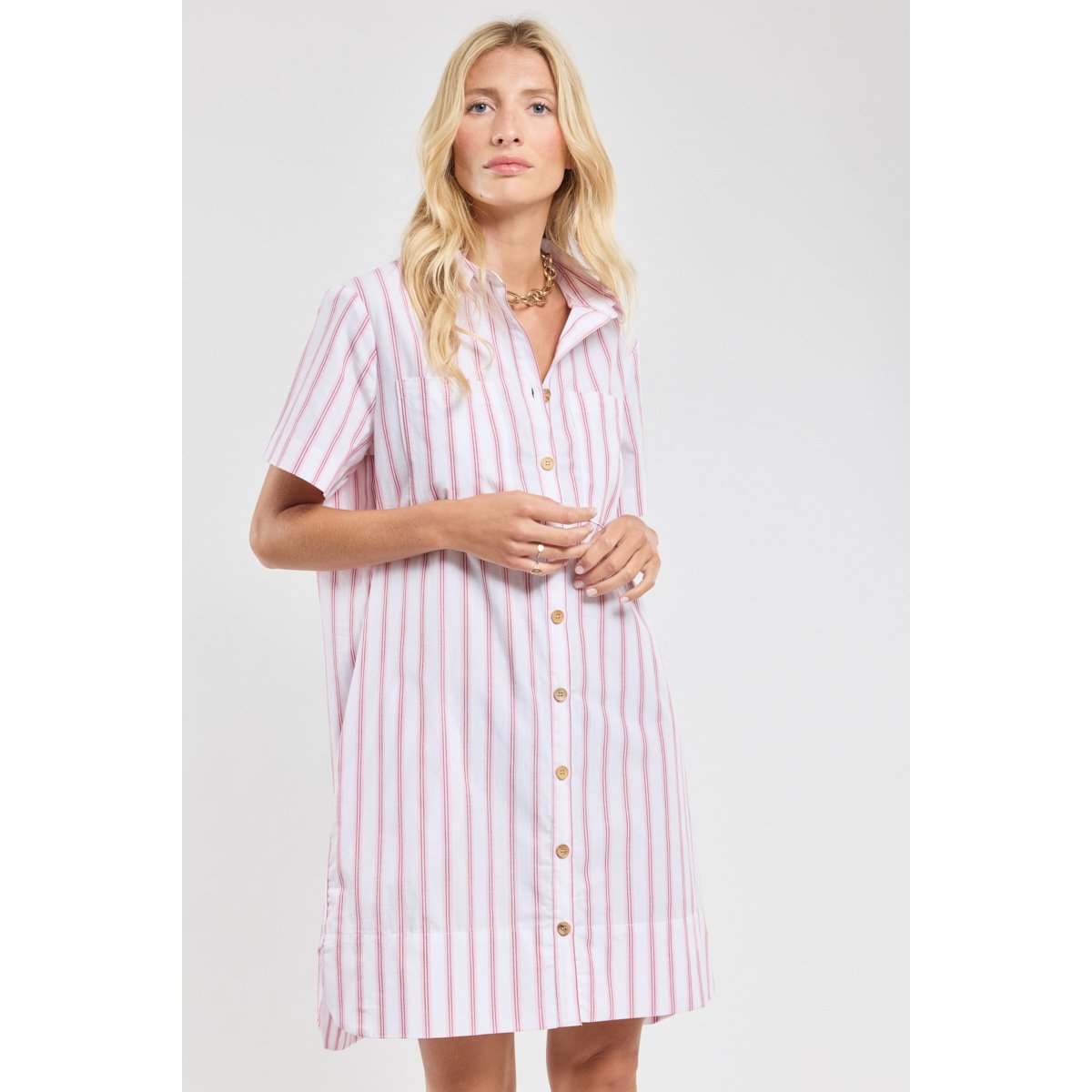 Robe chemise rayée en coton et lin rayure ecru/pink/garnet, ARMOR-LUX