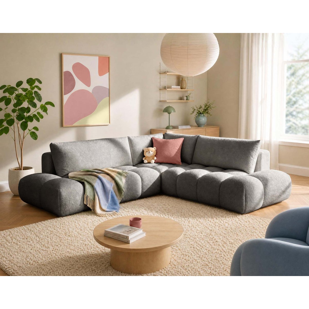 Canapé d'Angle Convertible en Tissu bouclette 5 places - YULIN gris, BEST MOBILIER