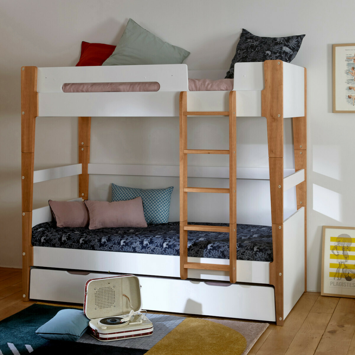 Pack lit superposé gigogne avec 3 matelas Bois massif  ROMY blanc et bois, AKITEN RETAIL