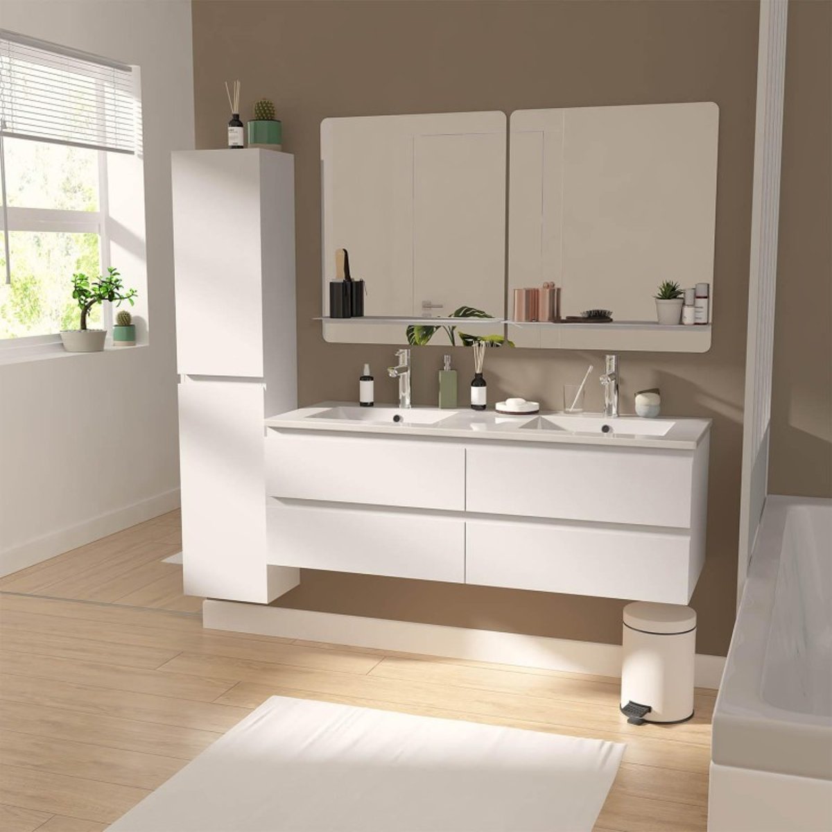 Meuble double vasque suspendu avec plan céramique 120cm SORRENTO blanc brillant, MOB IN