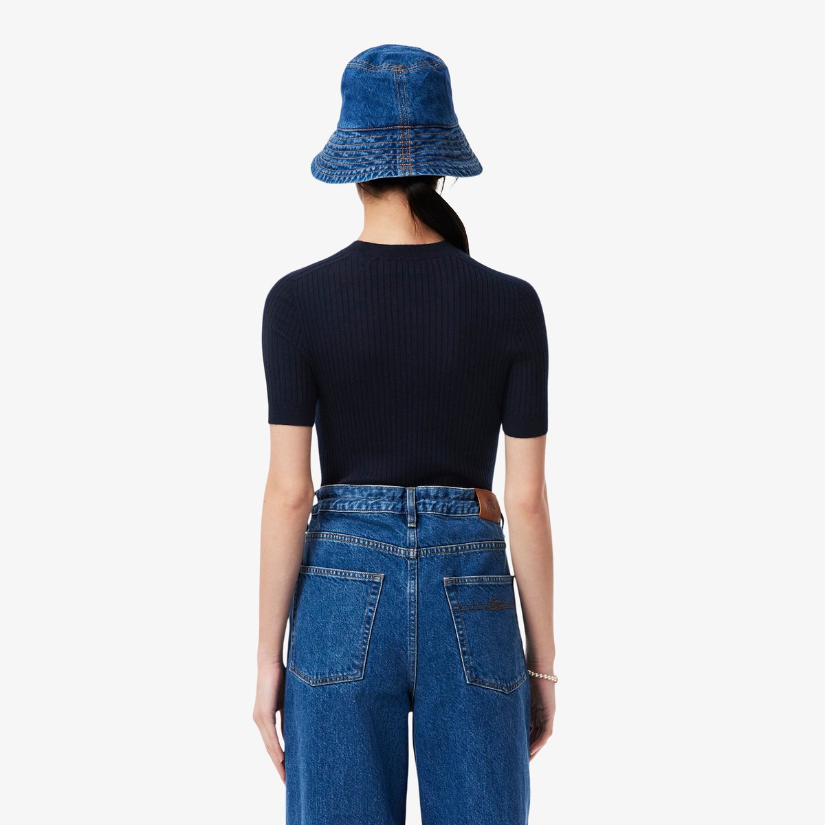 Pull manches courtes côtelé laine mérinos bleu-166, LACOSTE