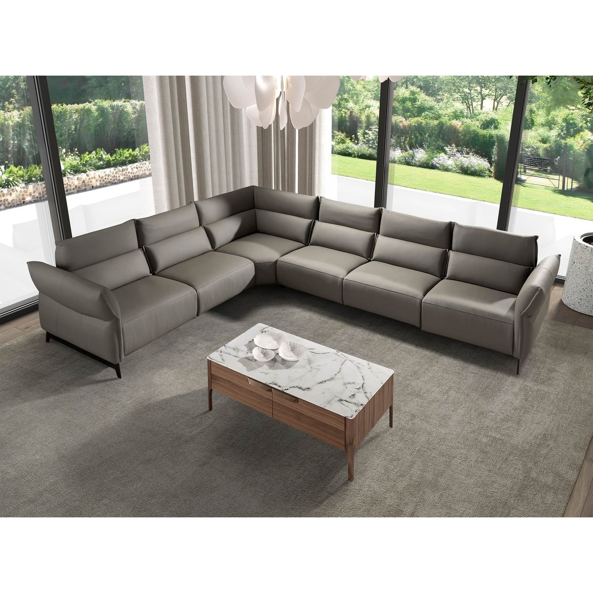 Table basse rectangulaire en verre imitant le marbre et le noyer blanc | noyer, ANGEL CERDA
