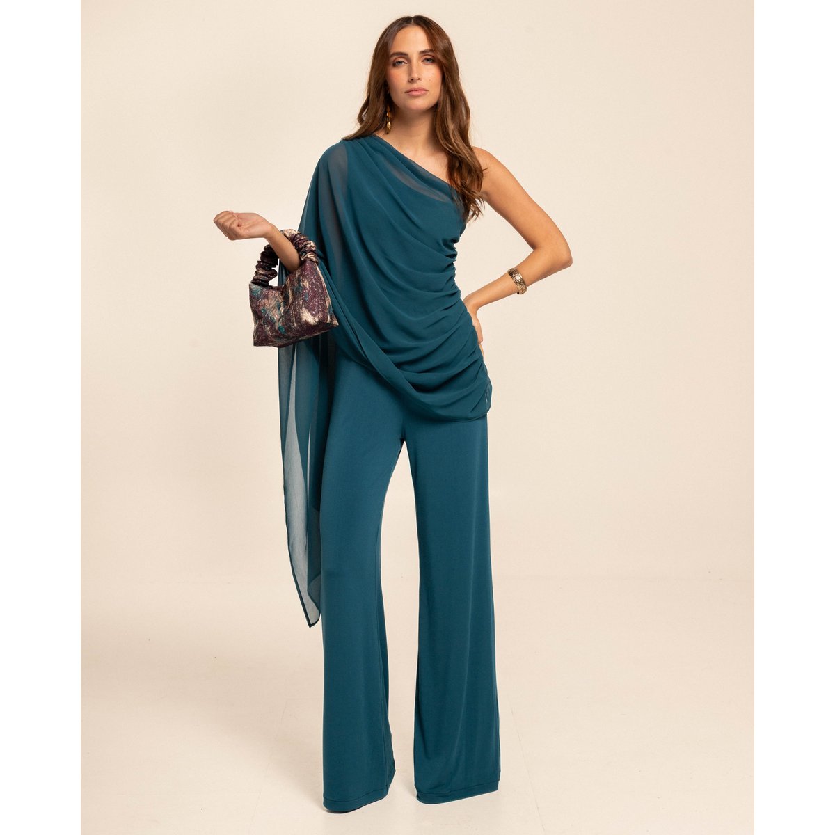 Combinaison asymétrique avec cape en mousseline turquoise, THE-ARE