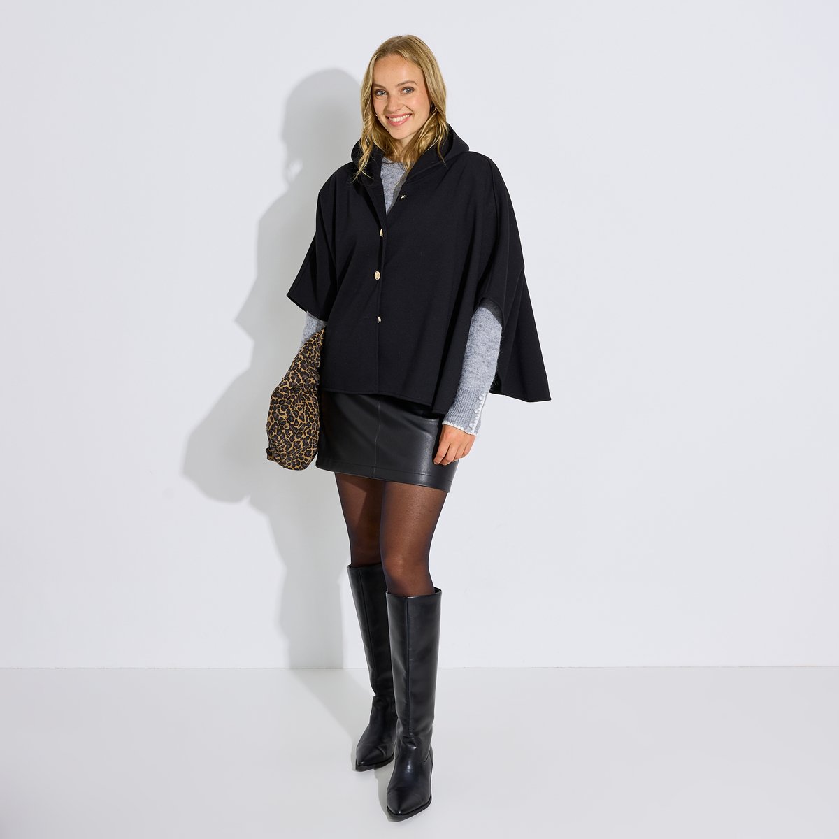 Poncho à capuche boutonné noir, GRAIN DE MALICE