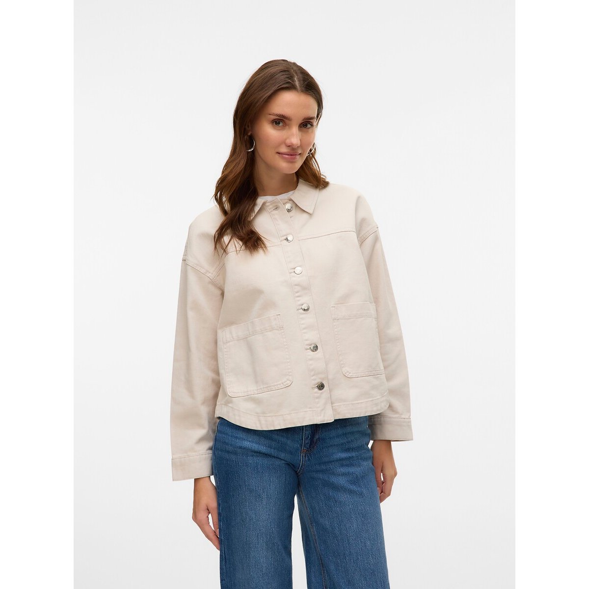 Veste en jean boutonnée avec poches, col polo ecru, VERO MODA