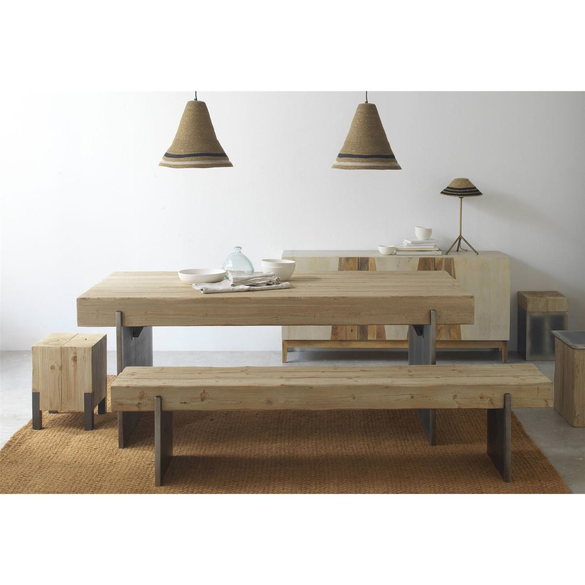 Tabouret carré en épicéa et métal bois naturel et métal gris foncé, RECOLLECTION