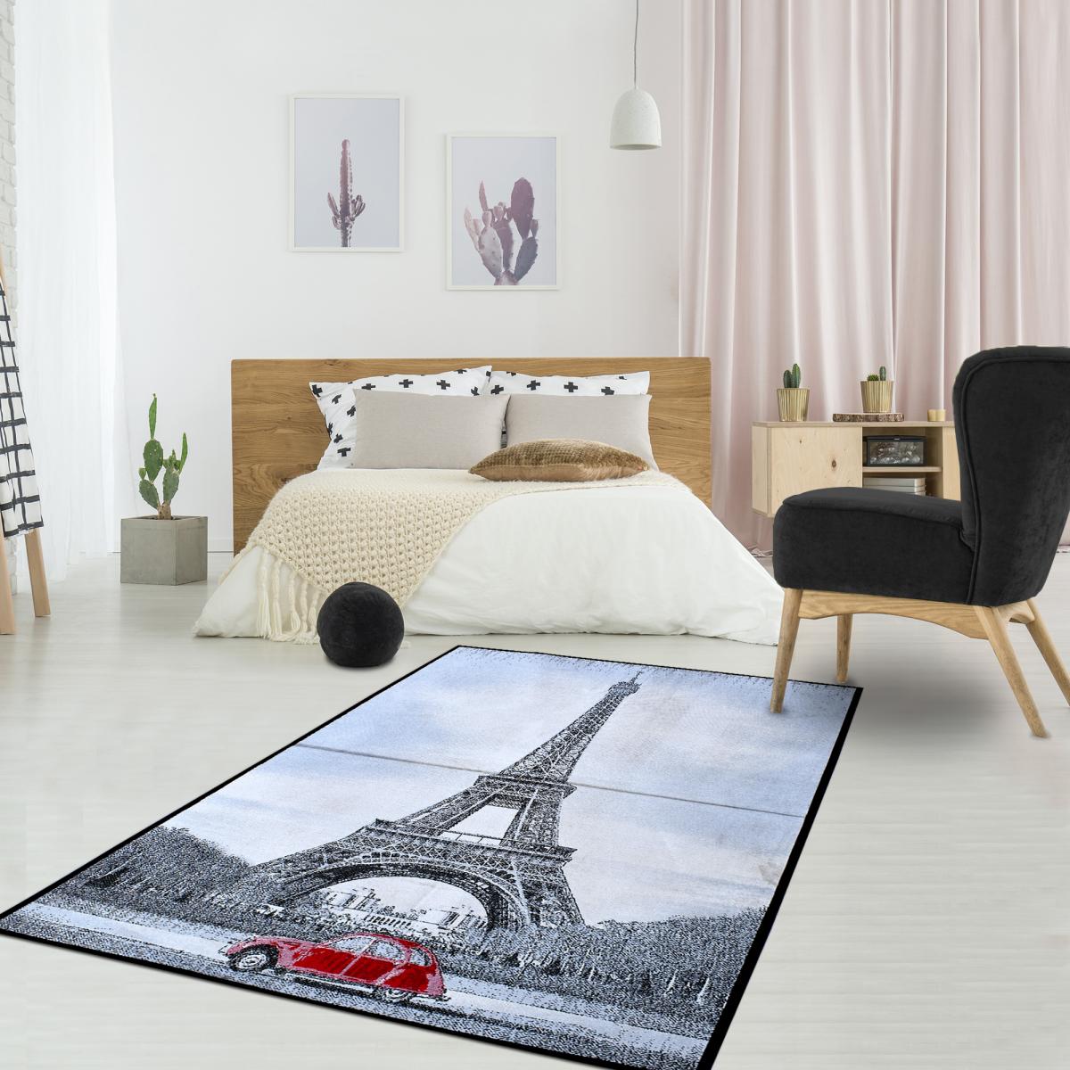 Tapis salon et chambre tissé motif fresque PARIS gris, rouge, UN AMOUR DE TAPIS