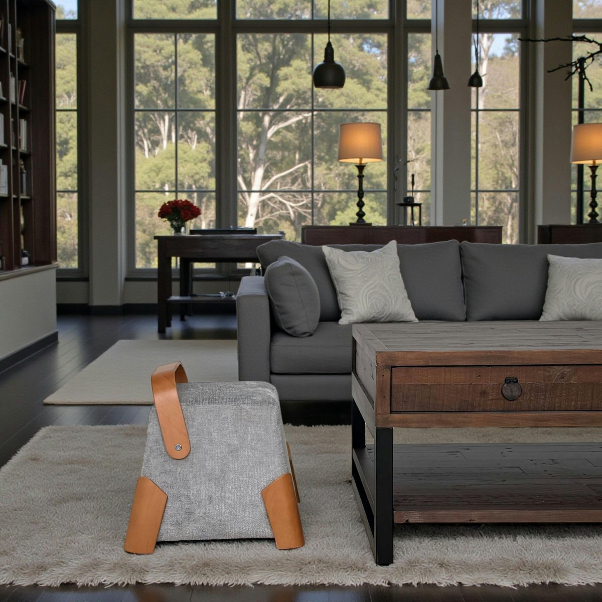 Pouf en tissu avec poignée IENA gris, PIER IMPORT
