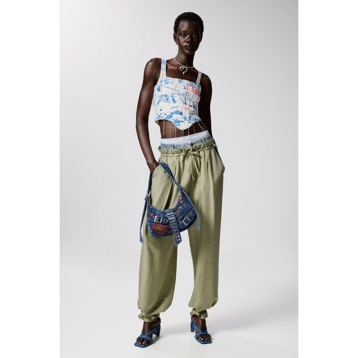 Sac en denim imprimé de taille moyenne multicolore, DESIGUAL