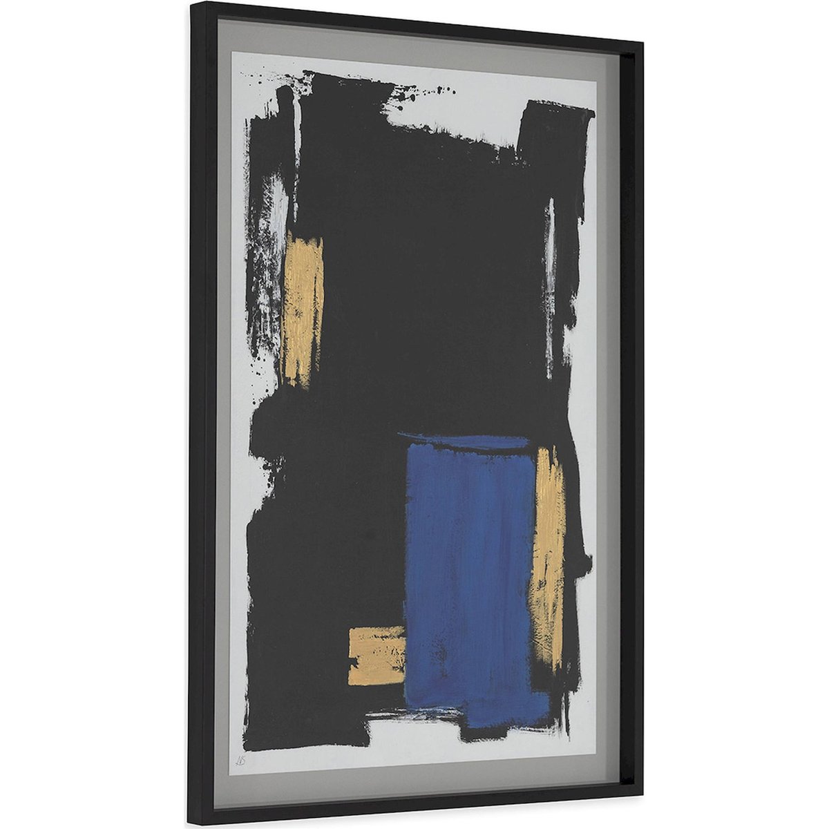 Tableau abstrait verre et bois doré noir, doré et bleu, RECOLLECTION