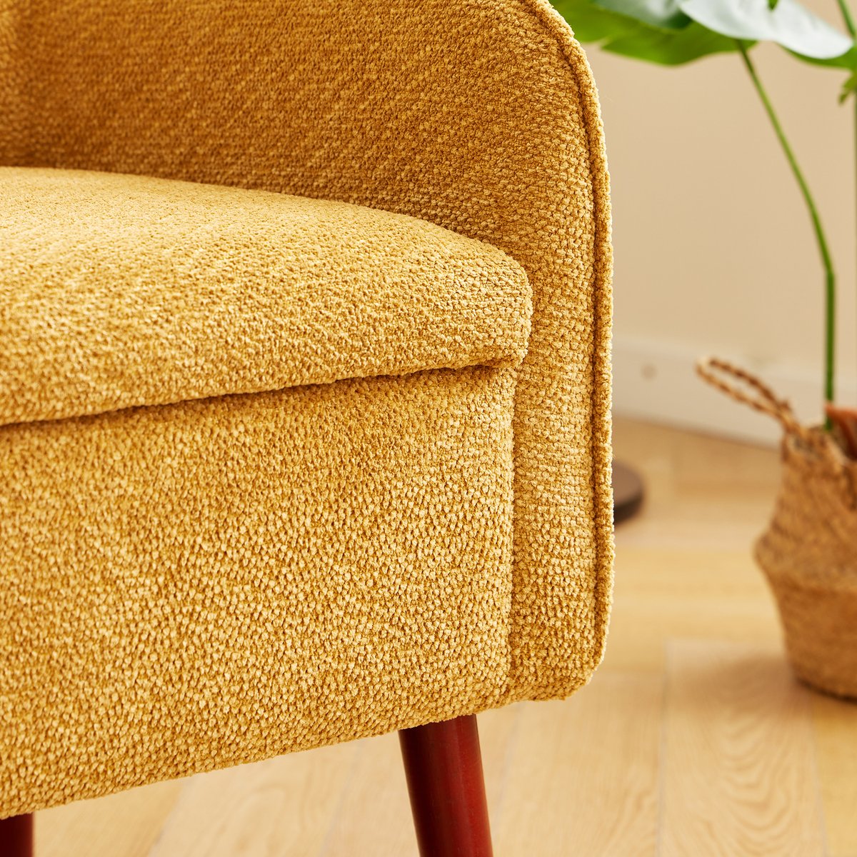 Banc coffre, bois massif et tissu, KIRKENES jaune moutarde, NORDLYS