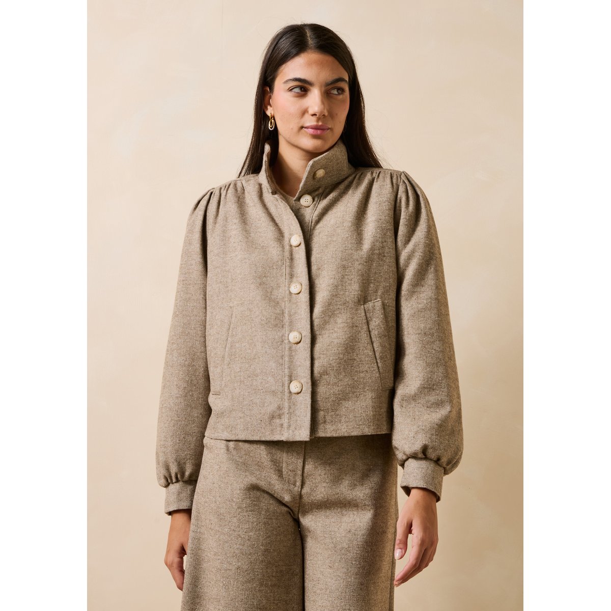 Veste en tweed manches longues col montant greige, LA FEE MARABOUTEE