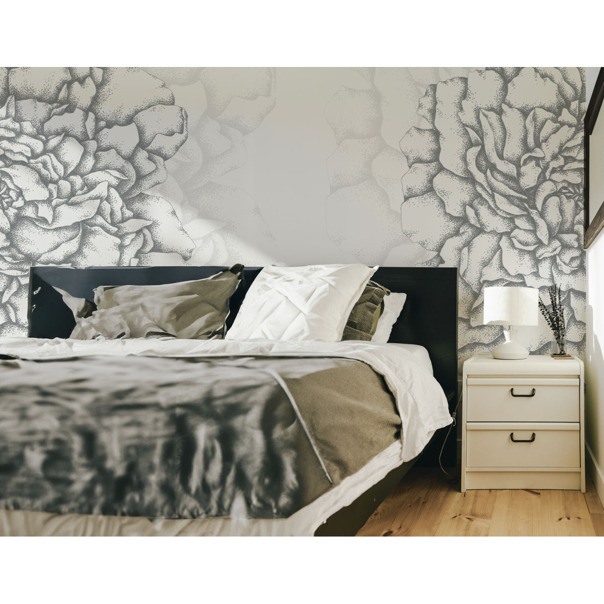 Papier peint panoramique Cœur de pivoines, Jaune 150 x 250cm noir, ACTE DECO
