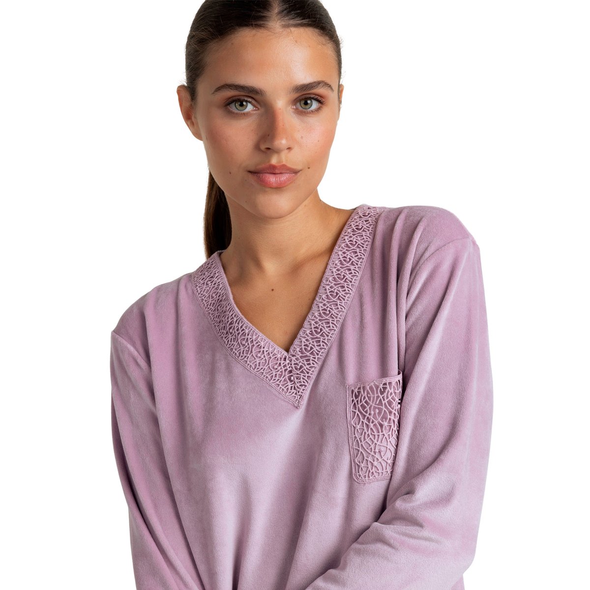 Chemise de nuit velours manches longues Luxury Guipure rose, ADMAS