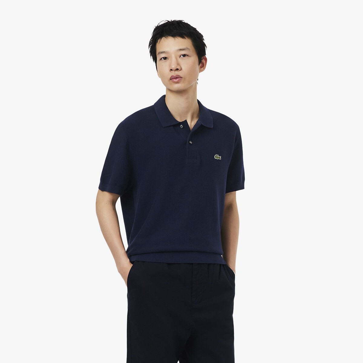 Cotton Fine Knit Garter Stitch Polo Jumper navy blue, LACOSTE