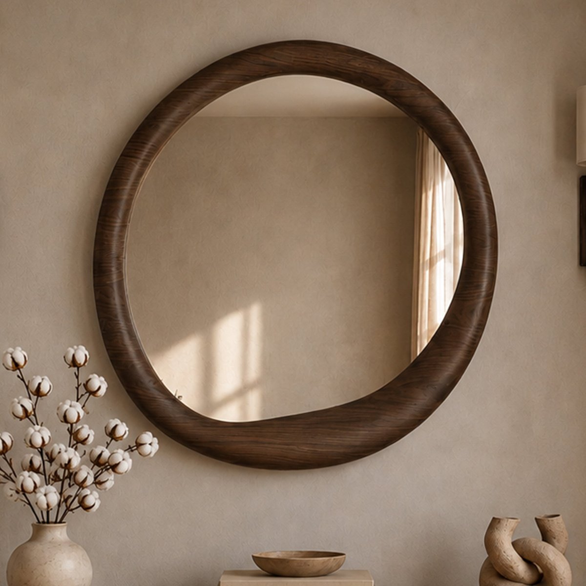Miroir rond en placage noyer, D100 cm - YOKO marron foncé, MAISON PAVANE