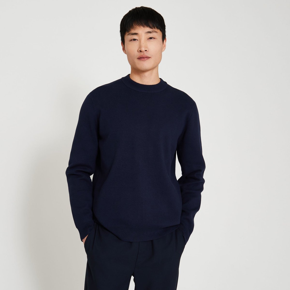 Pull col rond en laine, Oekotex marine, MONOPRIX