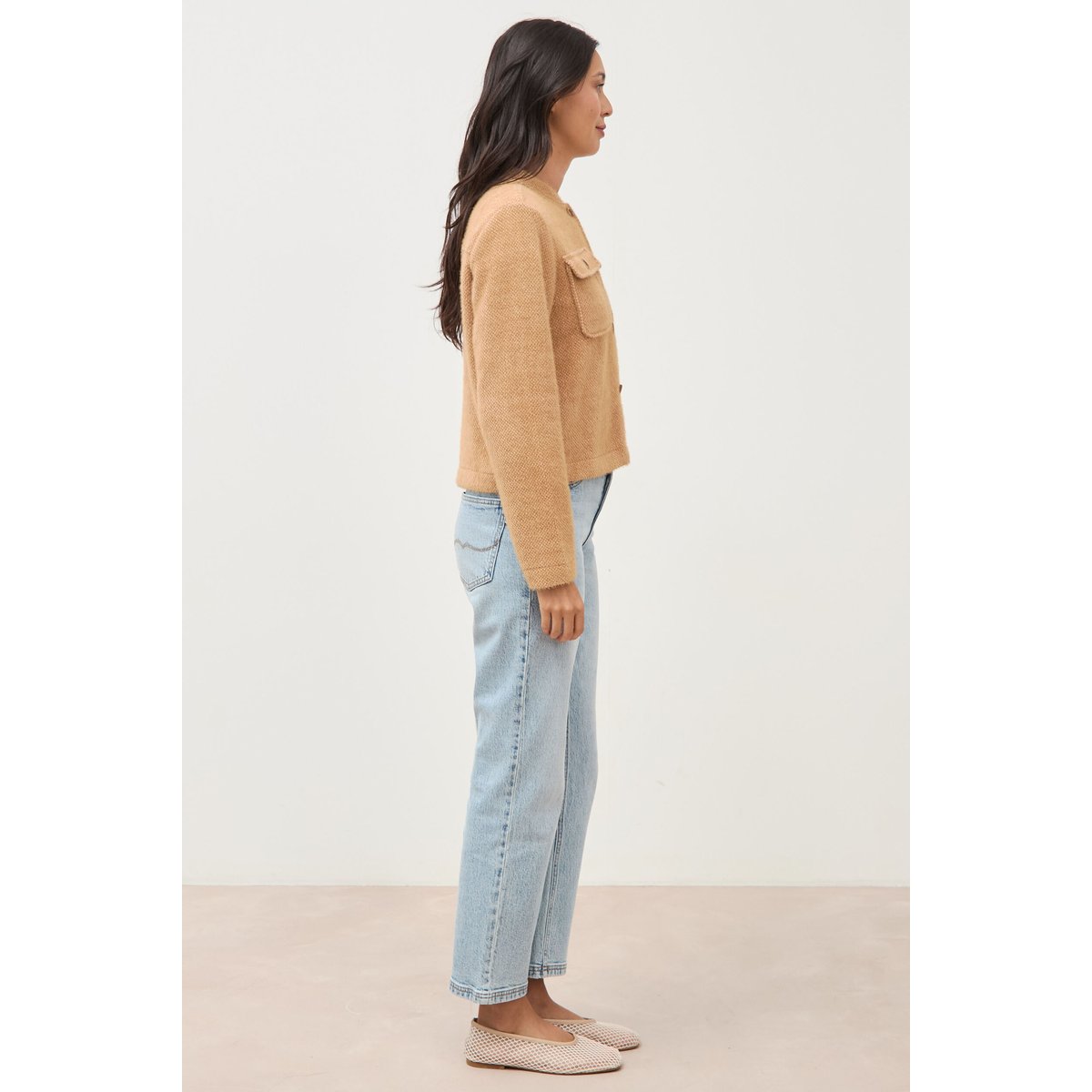 Gilet droit manches longues col mao camel, BONOBO