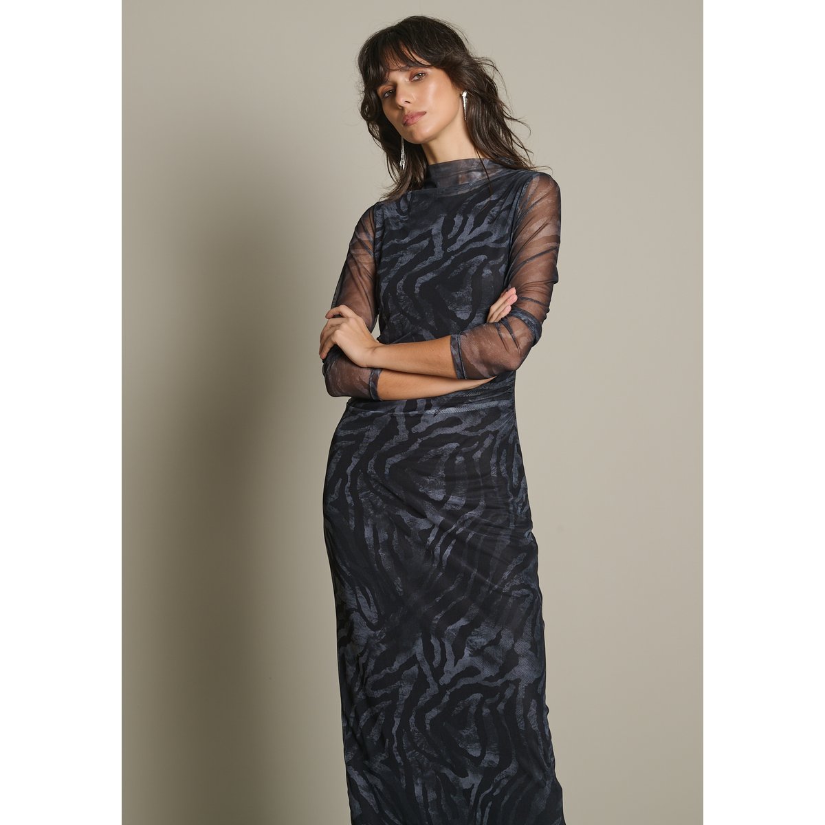 Robe longue en tulle imprimé noir, LOLALIZA