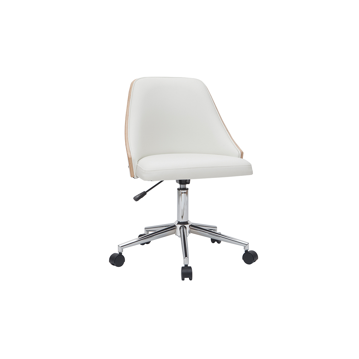 Chaise de bureau à roulettes design blanc, bois clair et acier chromé QUINO blanc, MILIBOO