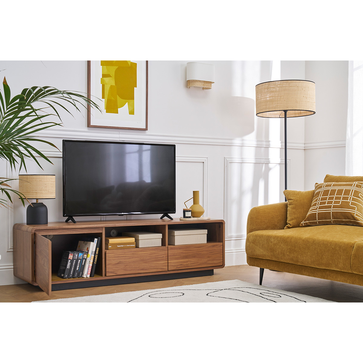 Meuble TV vintage en bois foncé noyer et métal noir L160 cm JAKO noyer, MILIBOO