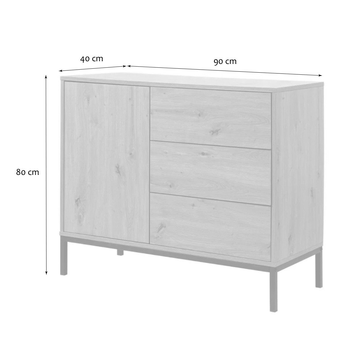 Commode 1 Porte 3 Tiroirs Décor Chêne L90 x H80 cm - LENNY chêne, CALICOSY