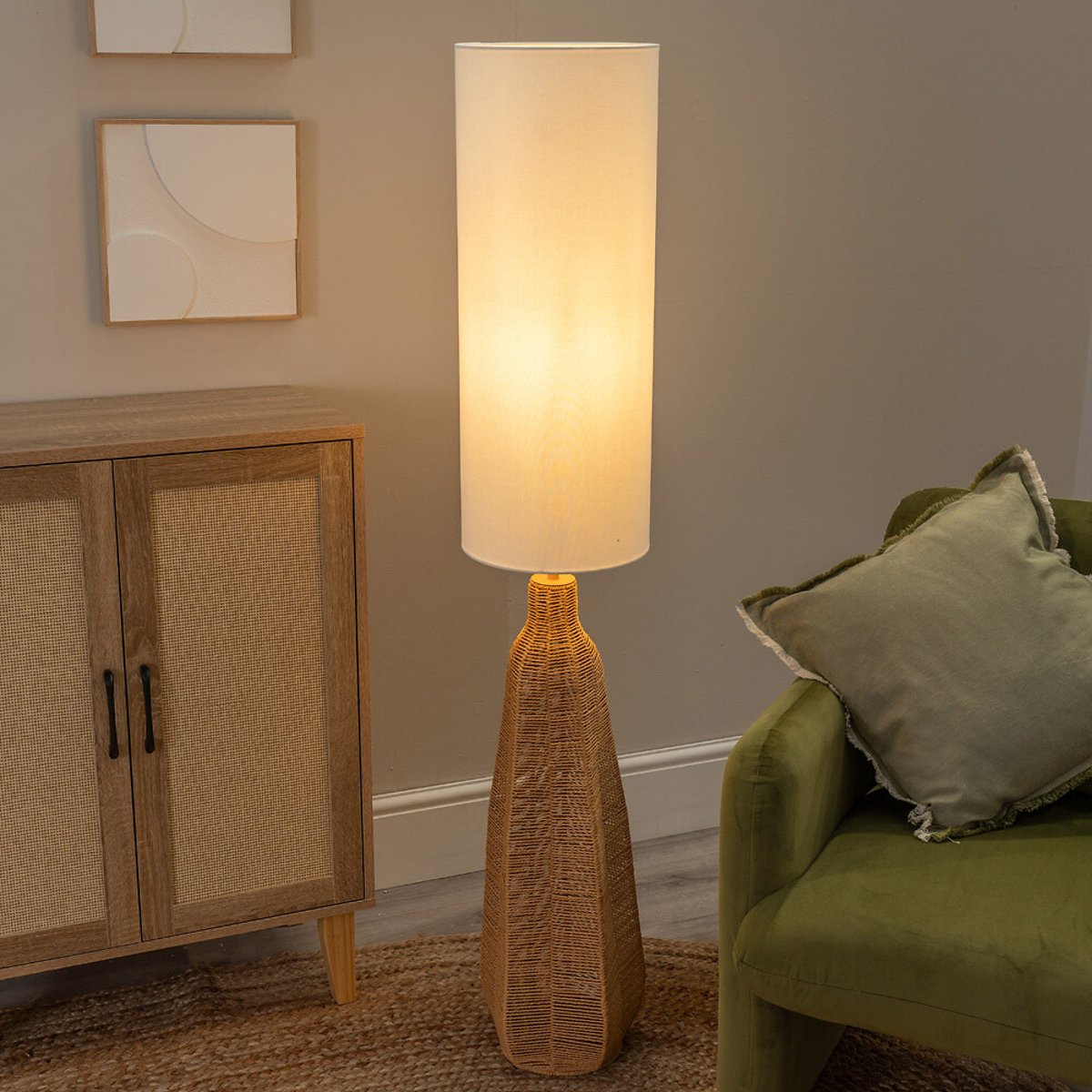 Ursula Rattan Midi Floor Lamp with White Shade brown              , ÉDITÉ