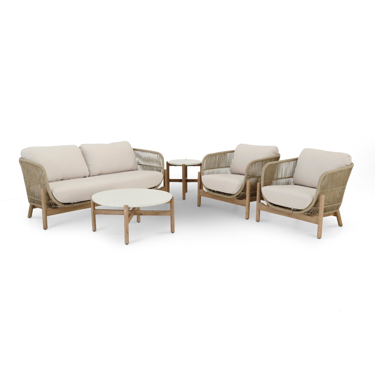 Salon de jardin 4 places, 2 tables, PROVENZA structure bois clair, corde beige, coussin écru, DEFORA HOME