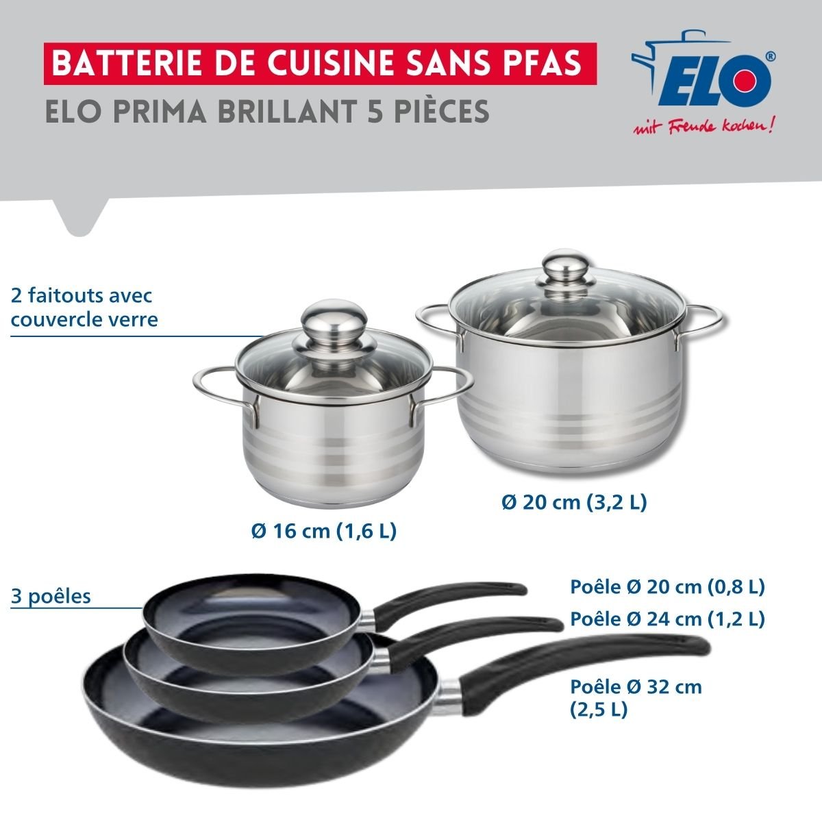 Batterie 3 poêles 20/24/32cm + 2 faitouts 16/20cm PRIMA BRILLANT noir, ELO