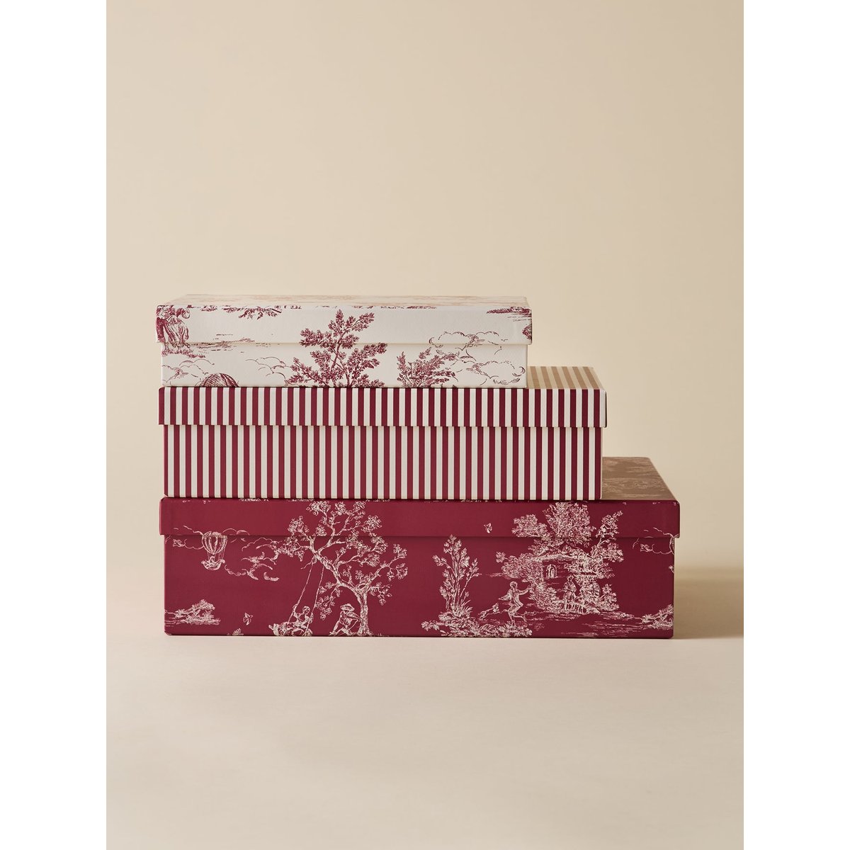 Lot de 3 boîtes gigogne esprit toile de Jouy jouy bordeaux, CYRILLUS