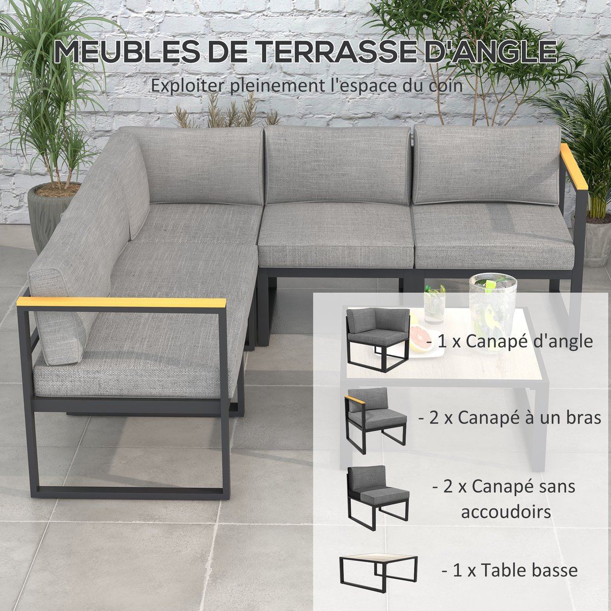 Ensemble de canapés de jardin Aluminium Gris gris, OUTSUNNY
