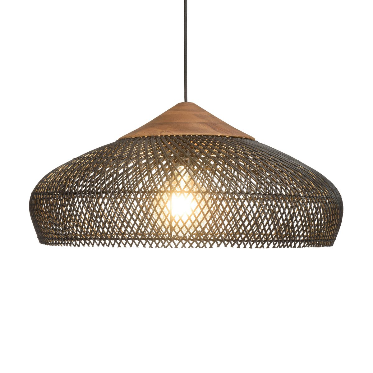 Suspension ronde 65cm en rotin et teck FOLELLI noir, PIER IMPORT