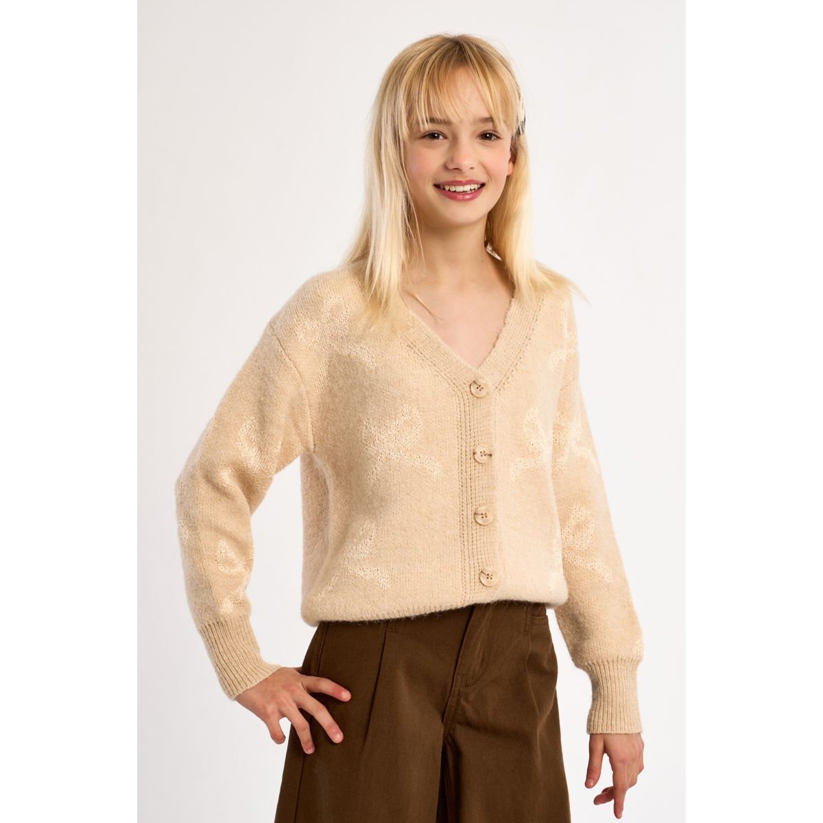 Cardigan à nœuds boutonnés beige, MOLLY BRACKEN GIRL