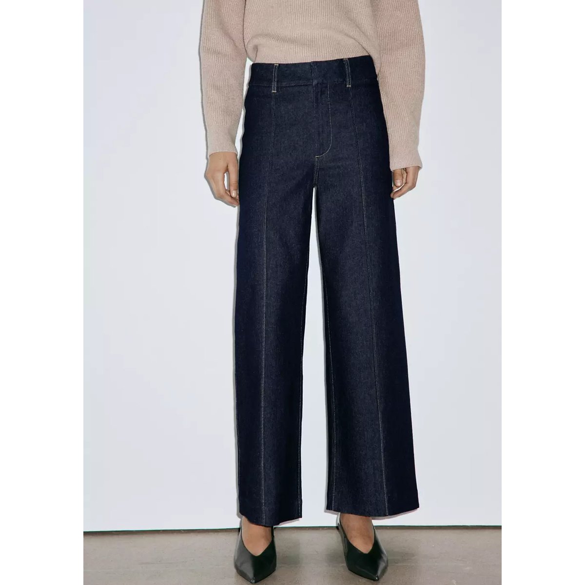 Jean large taille haute à coutures bleu, MANGO