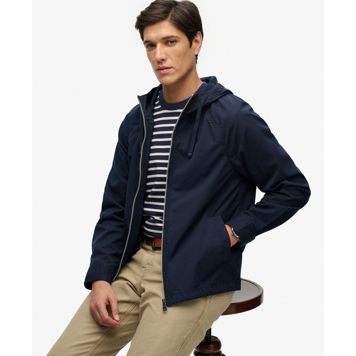 Veste à capuche en twill lavé bleu marine délavé, SUPERDRY