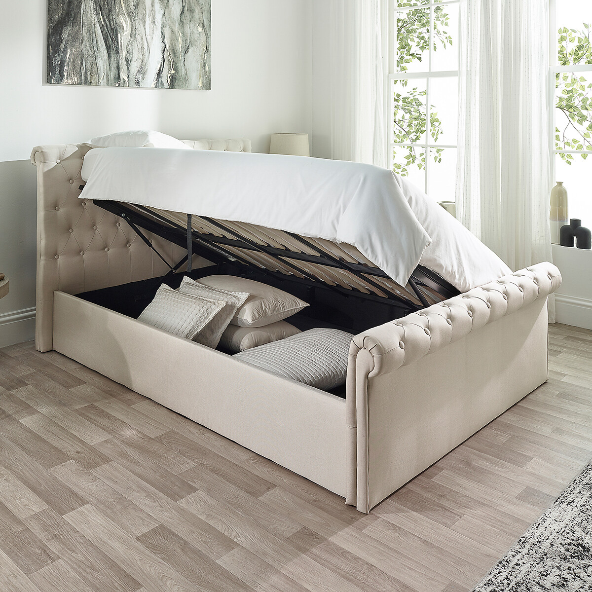 Chesterfield Linen Storage Ottoman Bed with Scroll Top natural, ASPIRE