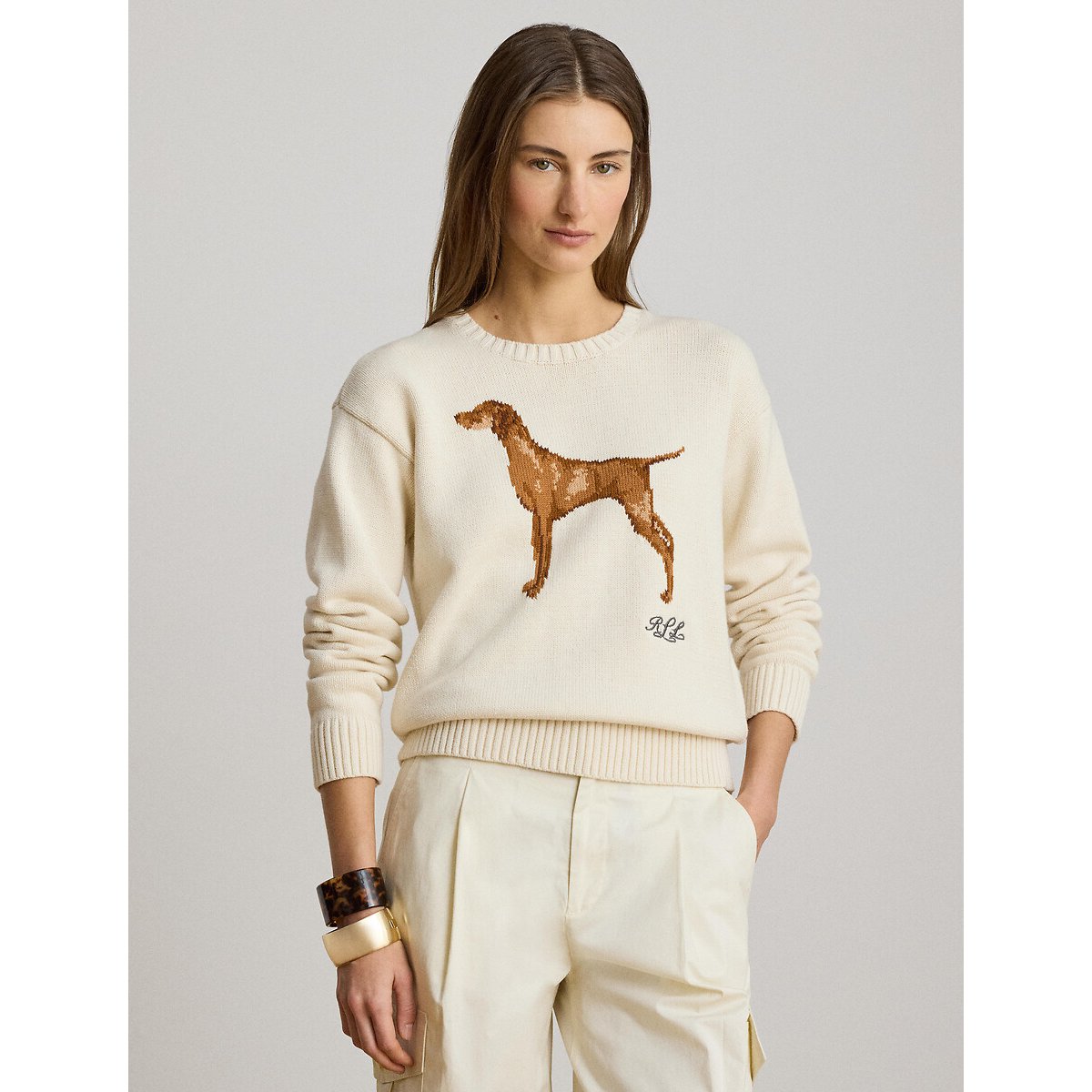 Pull col rond à motif chien crème, LAUREN RALPH LAUREN