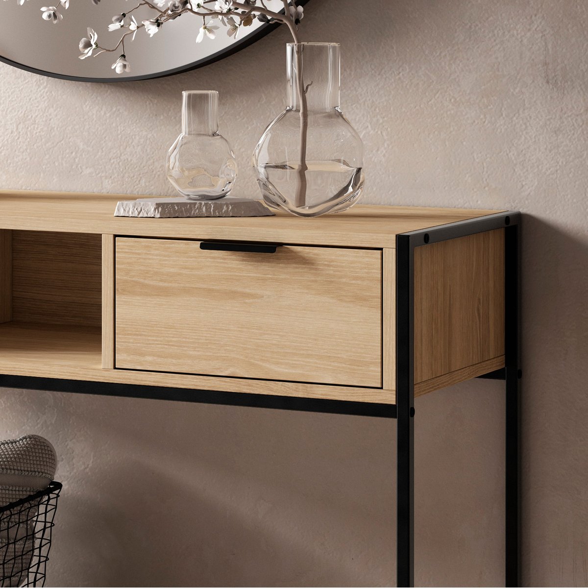 Console 2 tiroirs en placard et métal, ZENN chêne-gris graphite, HISPANOHOGAR