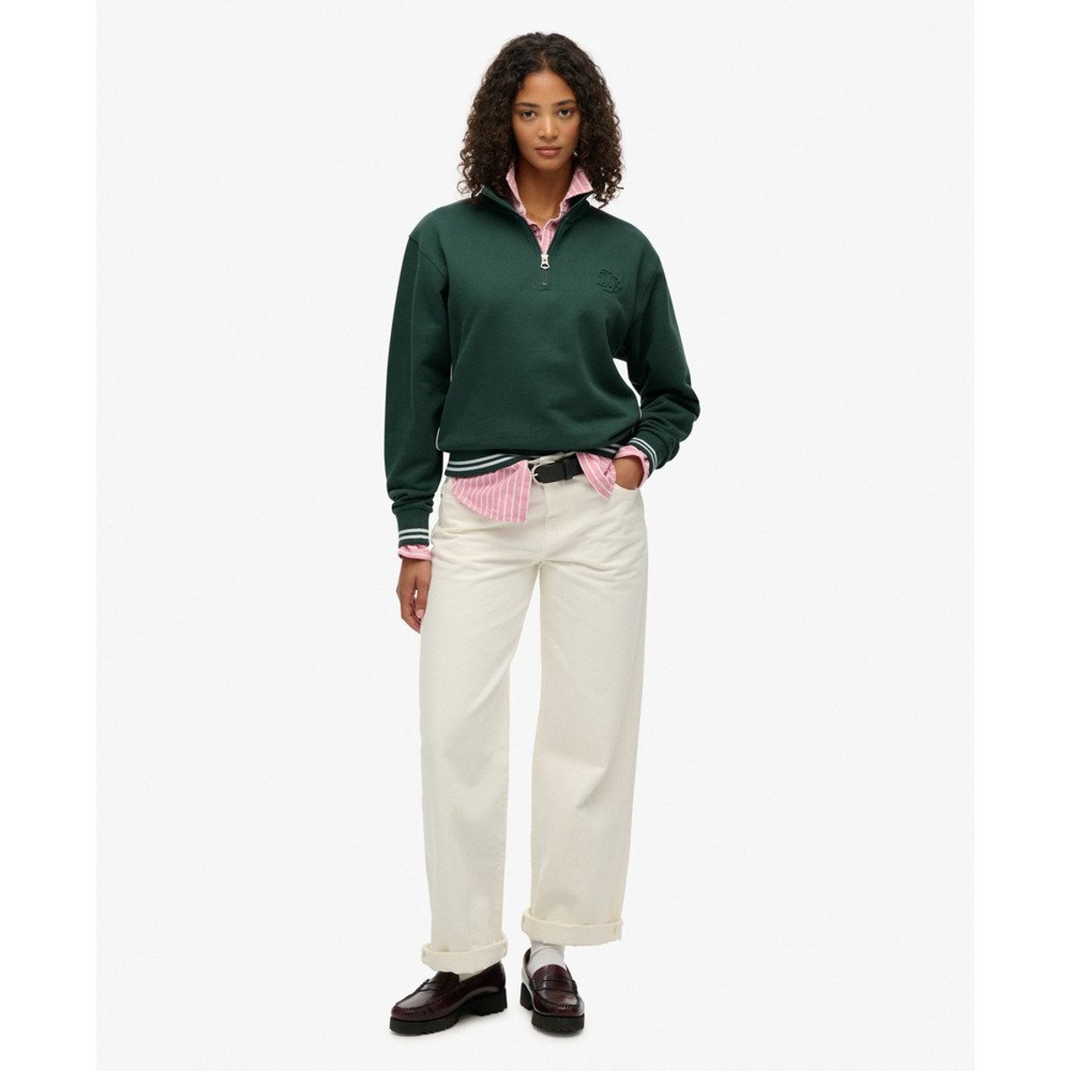 Pull Country Club à Demi-Zip Embossé vert émail, SUPERDRY